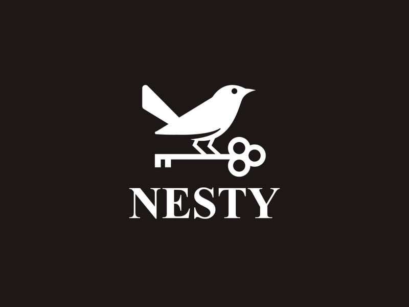 Logo Nesty trắng trên nền đen: chú chim mảng đặc đậu trên chiếc chìa khoá cổ, chữ NESTY có chân bên dưới