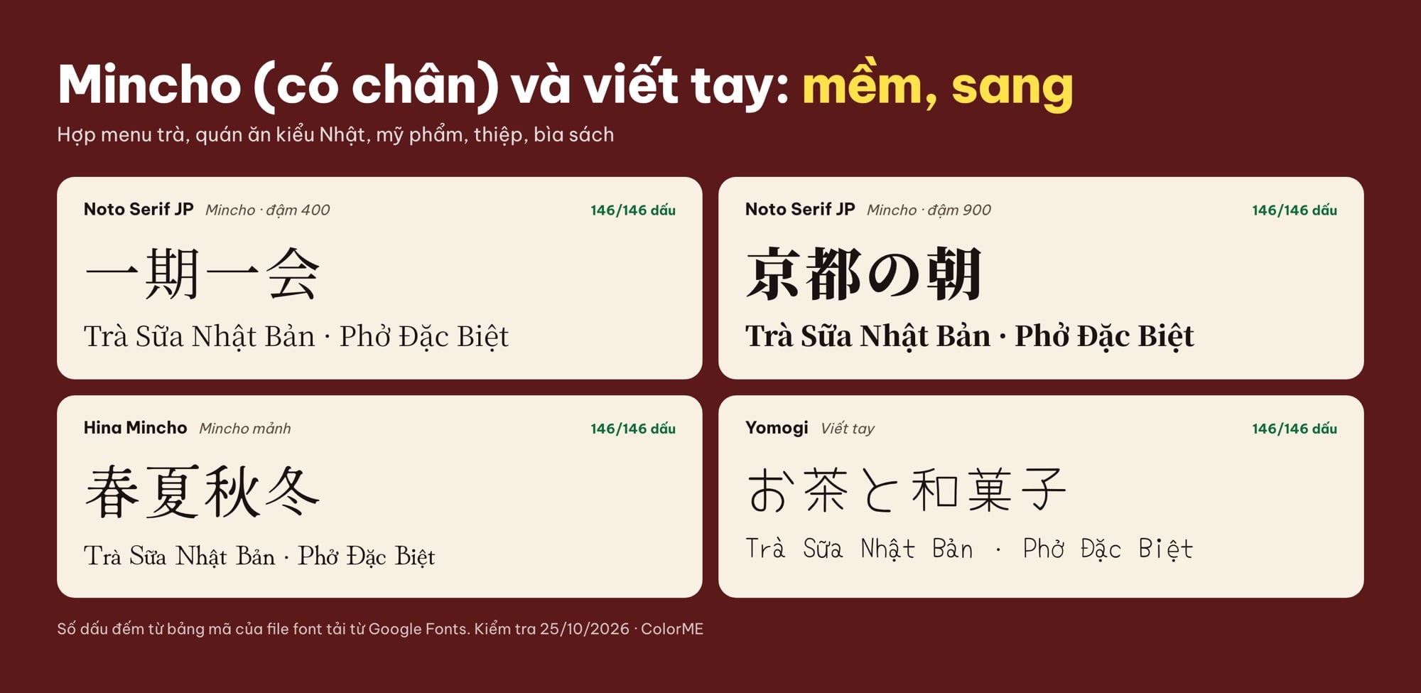 Font Nhật Bản Mincho có chân và viết tay có tiếng Việt: Noto Serif JP, Hina Mincho, Yomogi