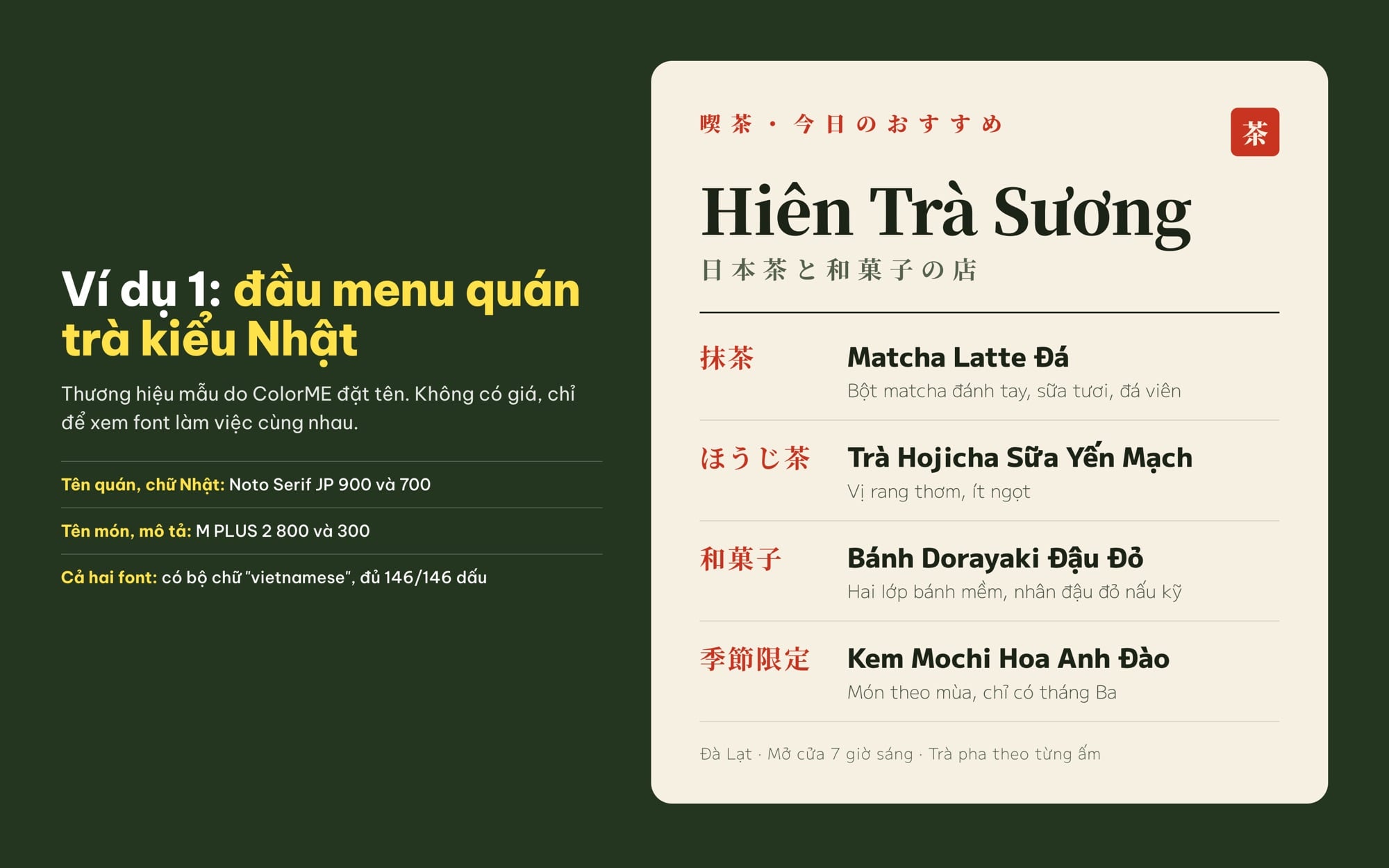 Menu quán trà phong cách Nhật dùng font Noto Serif JP và M PLUS 2 có tiếng Việt
