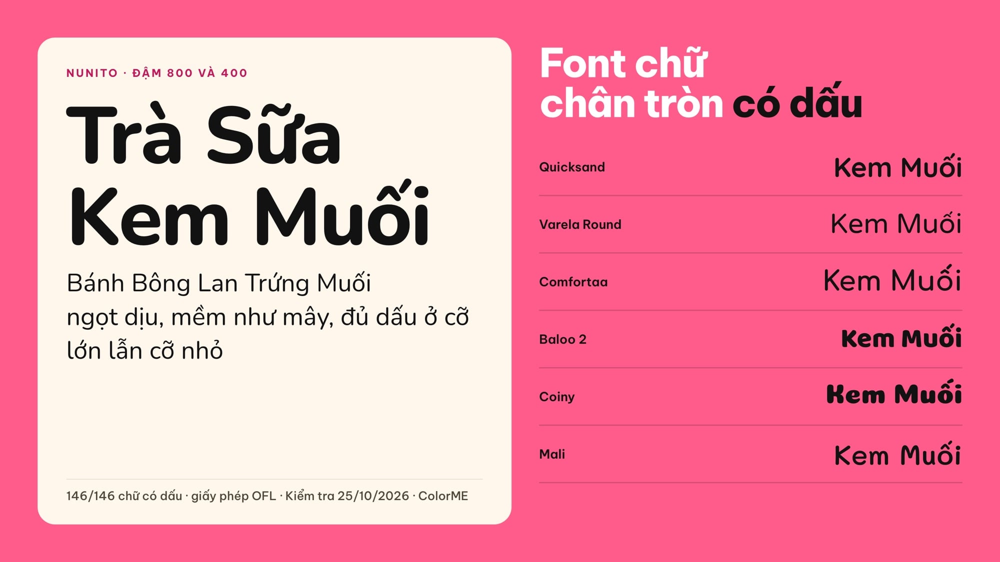 Font chữ chân tròn có tiếng Việt: Nunito, Quicksand, Varela Round, Comfortaa, Baloo 2, Coiny, Mali