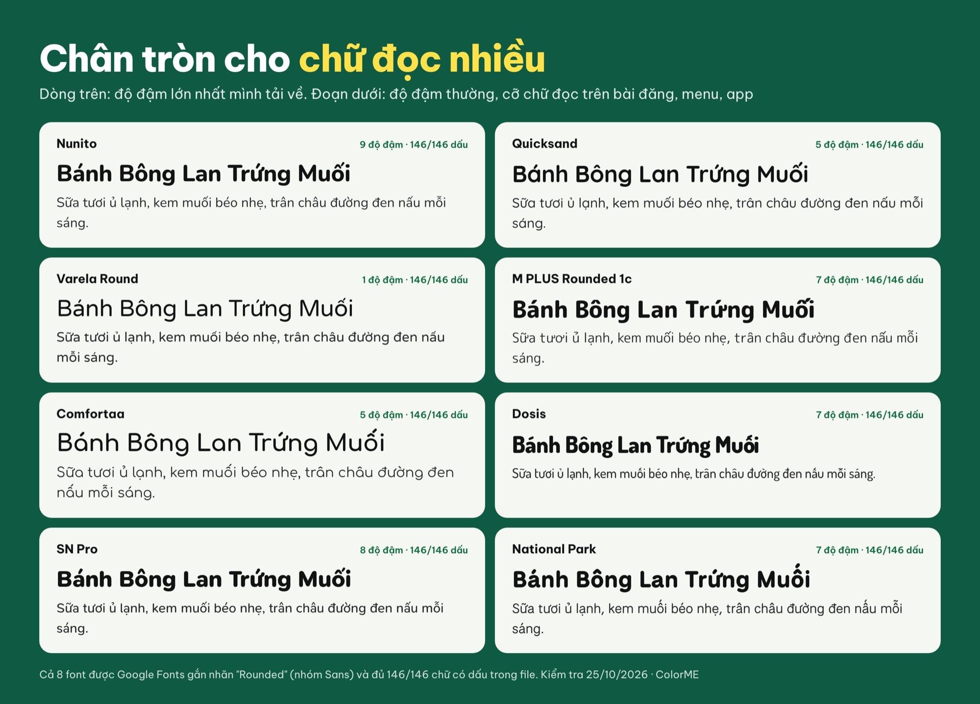 Font tròn không chân có tiếng Việt: Nunito, Quicksand, Varela Round, M PLUS Rounded 1c, Comfortaa, Dosis, SN Pro, National Park