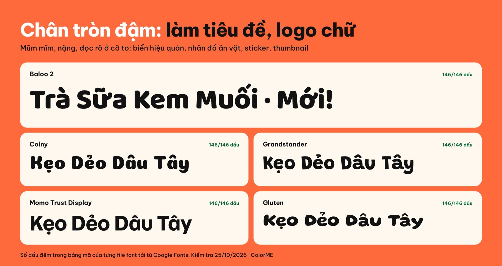 Font chữ tròn béo có tiếng Việt: Baloo 2, Coiny, Grandstander, Momo Trust Display, Gluten