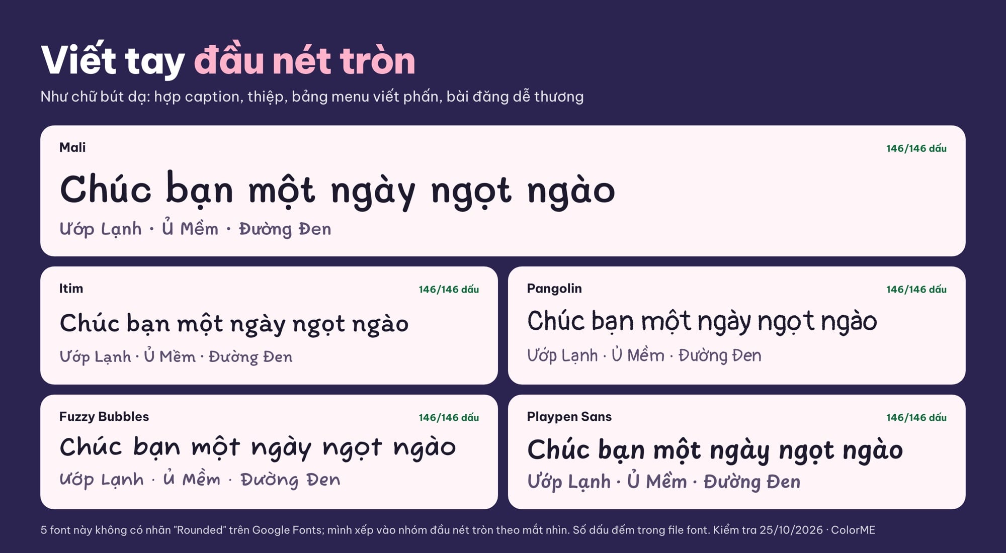 Font chữ viết tay tròn có tiếng Việt: Mali, Itim, Pangolin, Fuzzy Bubbles, Playpen Sans