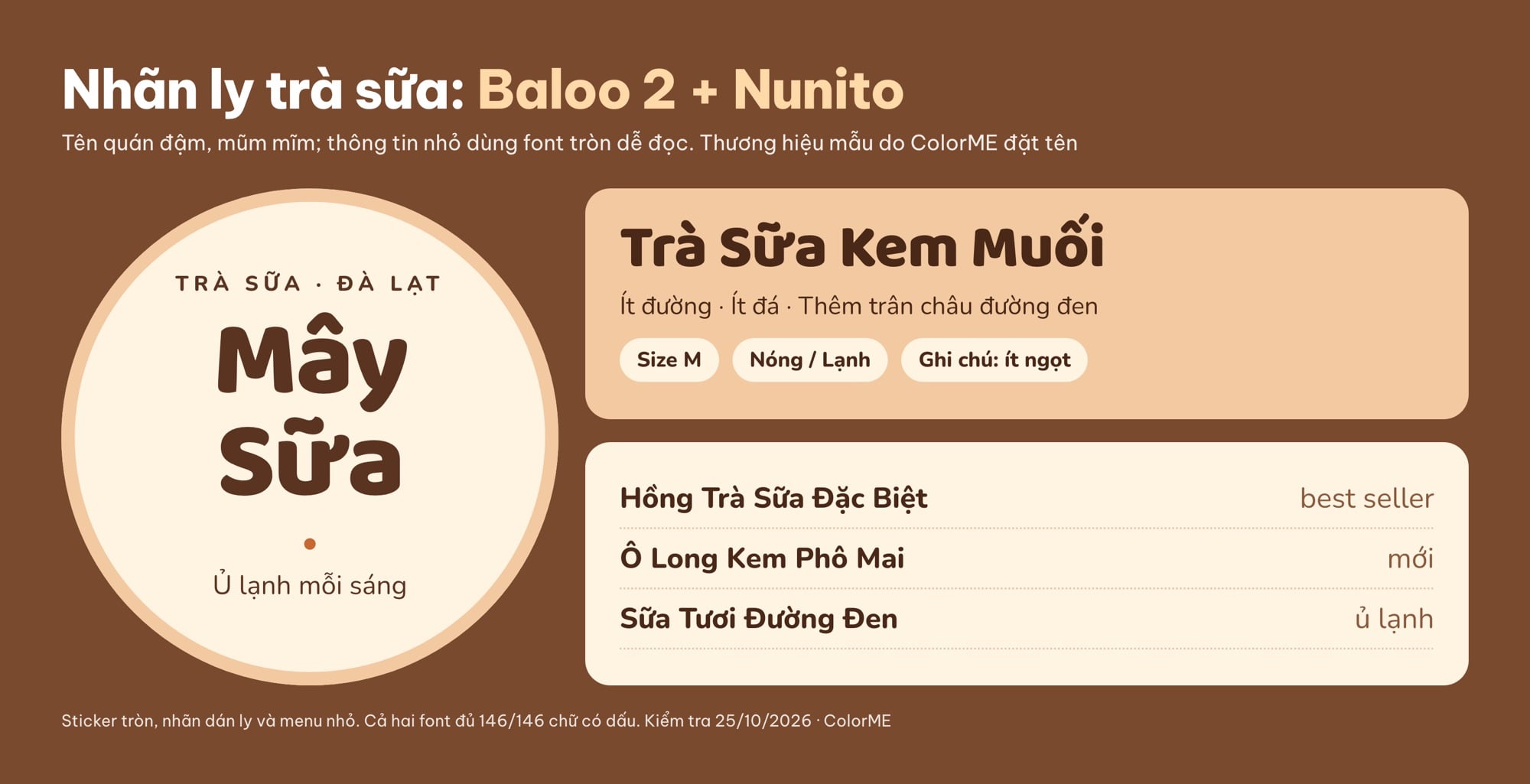Nhãn ly trà sữa dùng font chữ chân tròn Baloo 2 và Nunito