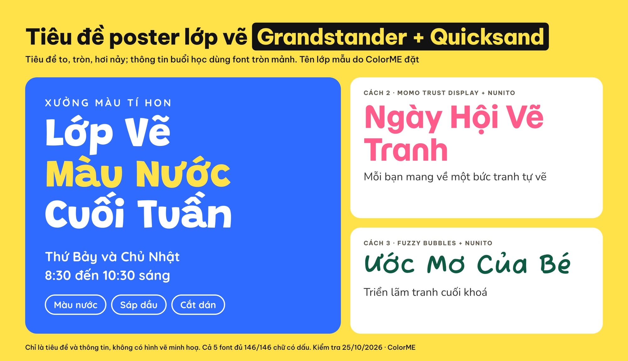 Tiêu đề poster lớp vẽ dùng font chữ tròn Grandstander, Quicksand, Momo Trust Display, Fuzzy Bubbles