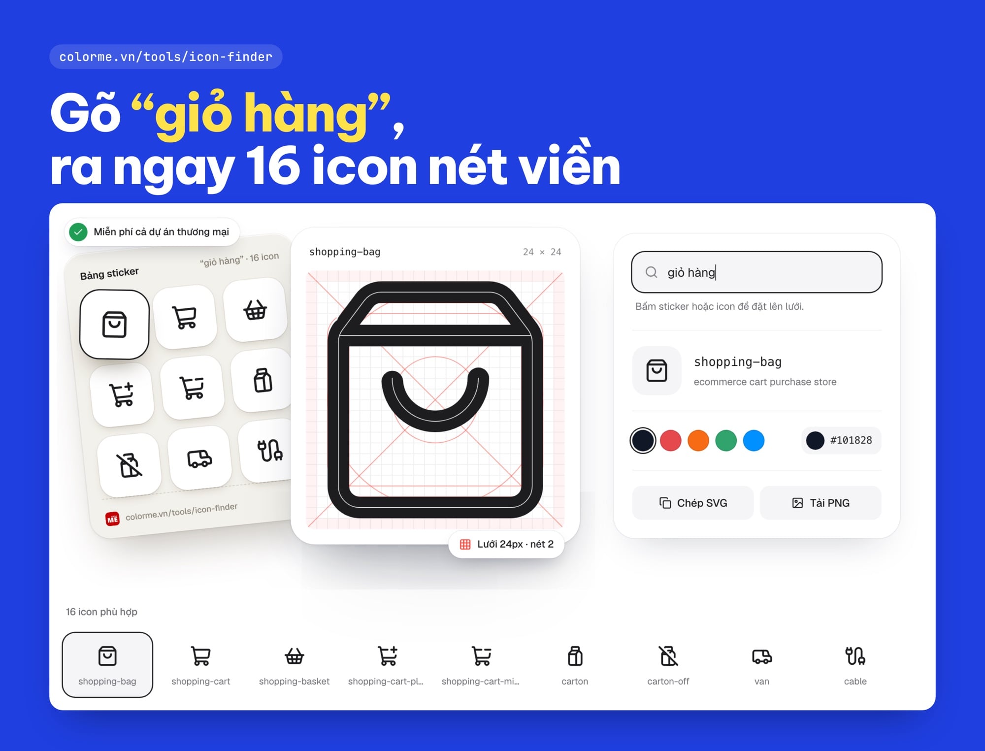 Tự tạo icon miễn phí: tìm icon giỏ hàng bằng tiếng Việt trên công cụ Tìm icon ColorME