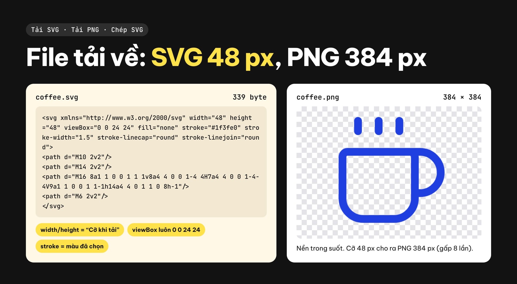 Tải icon SVG và PNG: mã SVG của icon coffee và file PNG 384 px nền trong suốt