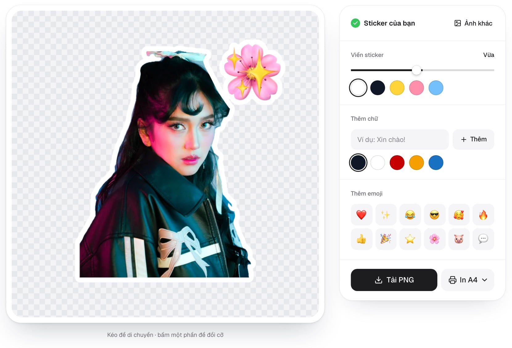 Giao diện công cụ Tạo sticker từ ảnh của ColorME: ảnh mẫu đã tách nền có viền trắng, bảng chỉnh viền, chữ, emoji và nút Tải PNG