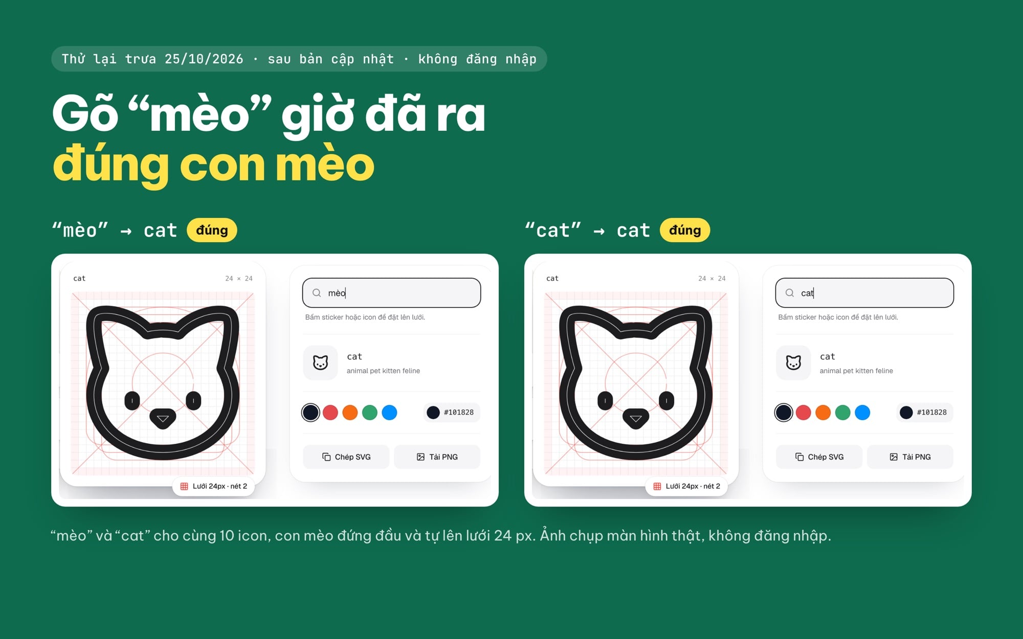 Tìm icon tiếng Việt và tiếng Anh: gõ mèo hay cat đều ra icon con mèo