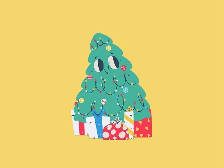 Minh hoạ cây thông Noel xanh có đôi mắt tròn, quấn dây đèn nhiều màu, năm hộp quà sọc và chấm bi bên dưới, trên nền vàng