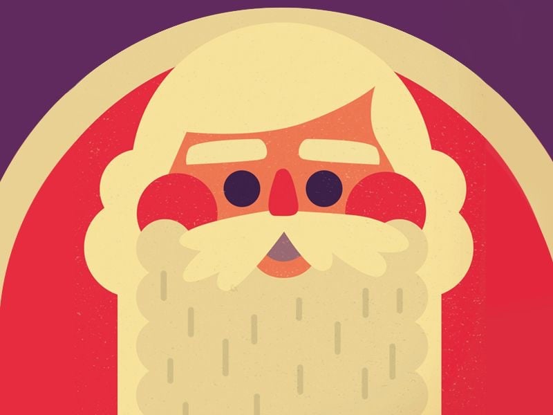 Minh hoạ phẳng khuôn mặt ông già Noel với râu và tóc màu kem, má đỏ tròn, mũi đỏ, trên nền đỏ và tím