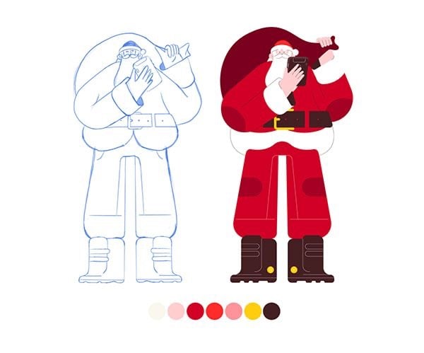 Hai phiên bản ông già Noel vác bao quà: bản phác nét xanh và bản tô màu đỏ, bên dưới là dải các chấm màu của bảng màu