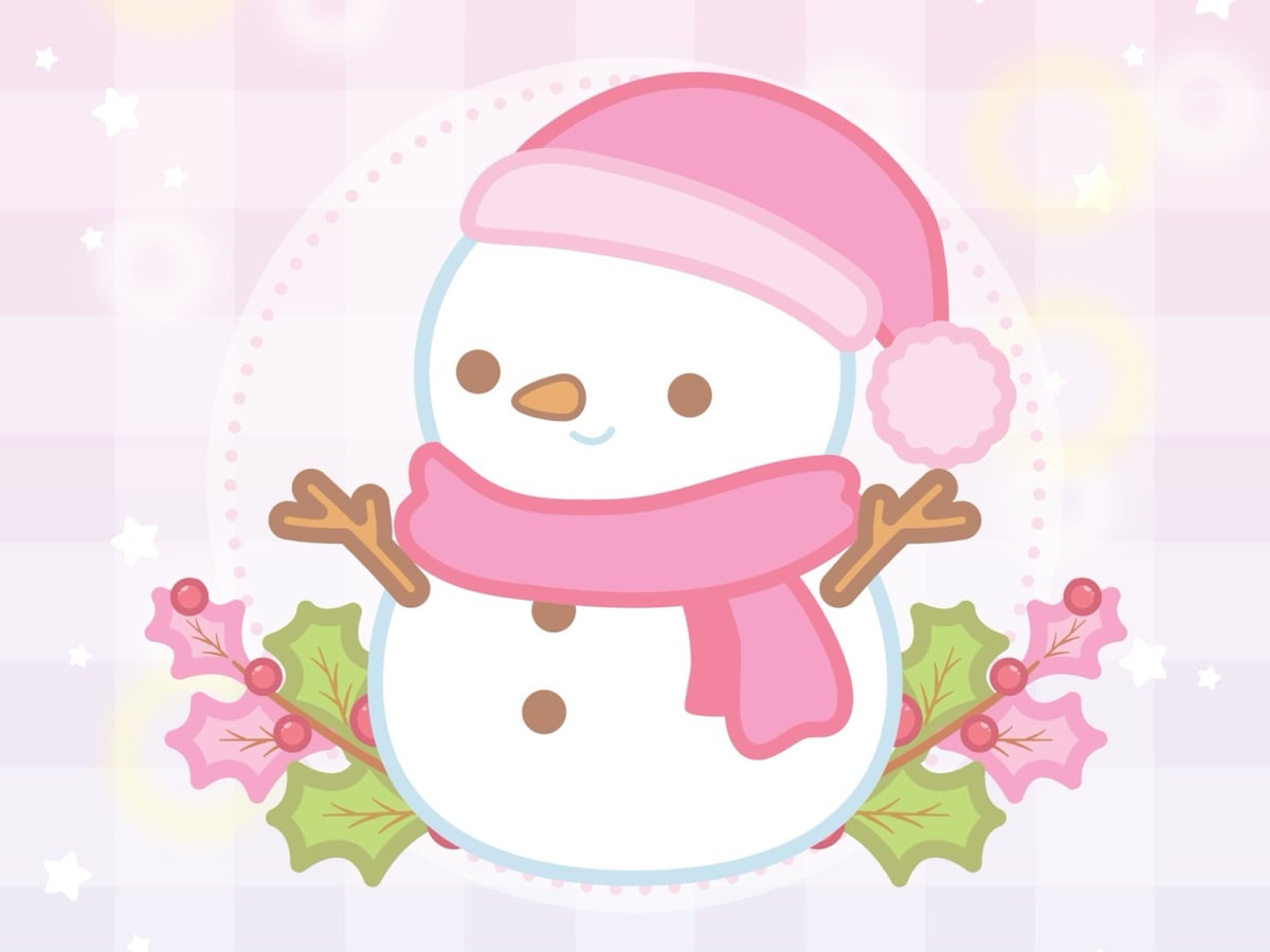 Minh hoạ người tuyết dễ thương đội mũ len hồng, quàng khăn hồng, tay là cành cây, hai bên có lá nhựa ruồi và quả đỏ