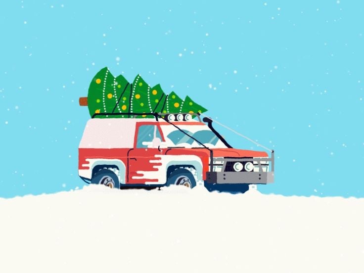 Minh hoạ chiếc xe đỏ trắng chở cây thông Noel trên nóc, chạy qua cánh đồng tuyết dưới trời xanh