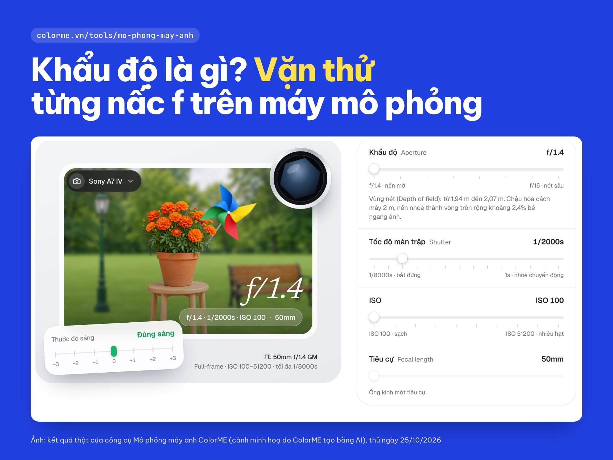 Khẩu độ là gì: công cụ mô phỏng máy ảnh ColorME ở khẩu độ f/1.4 với thước đo sáng