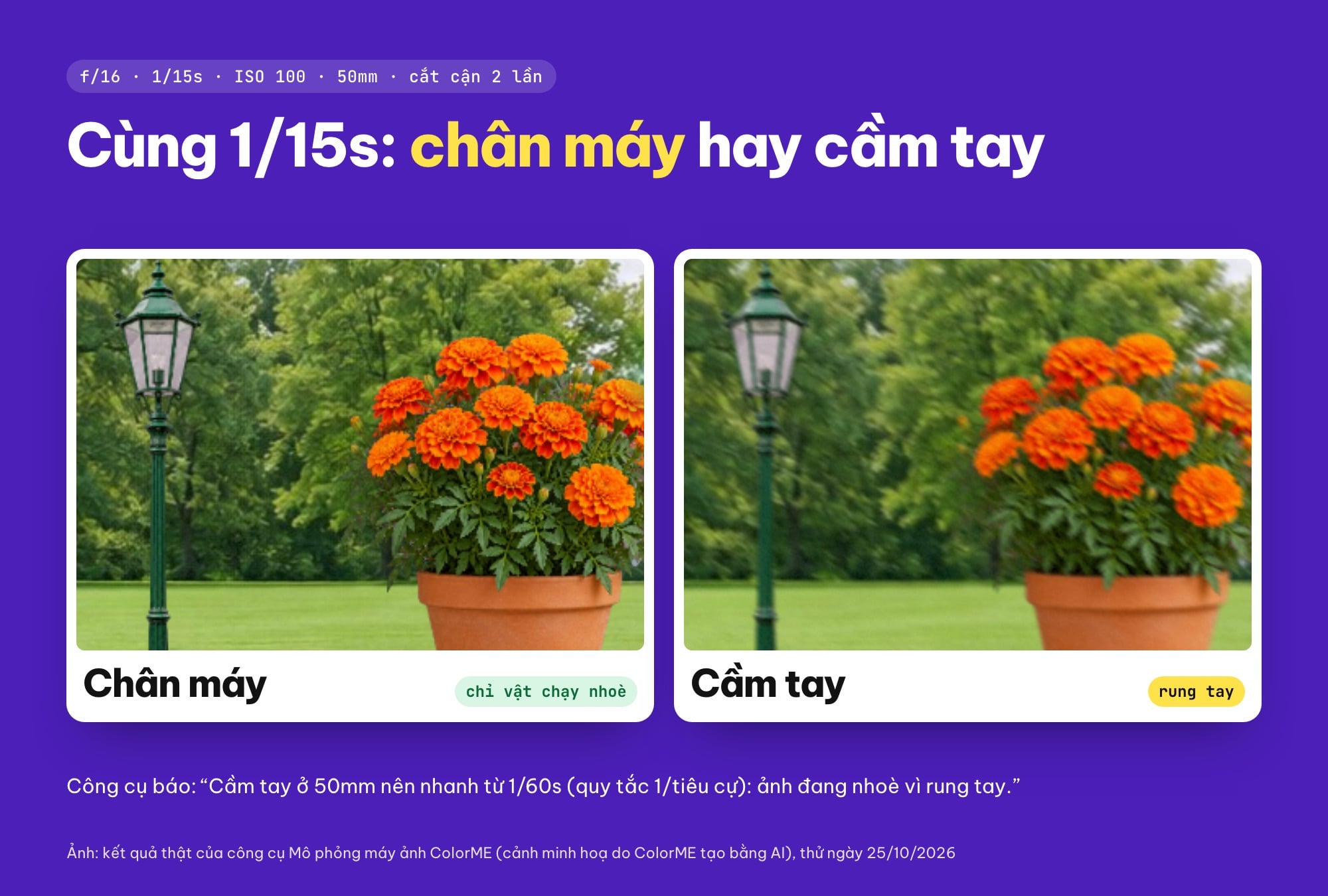 Tốc độ màn trập chậm khi cầm tay và khi dùng chân máy