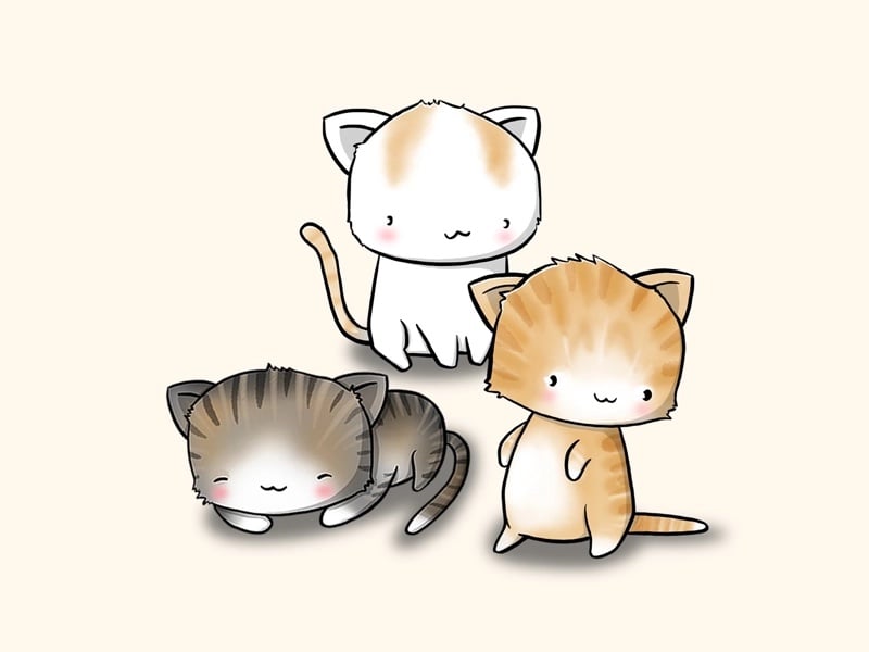 Tranh ba chú mèo con phong cách kawaii màu trắng, vàng và mướp, mắt chấm, má hồng, trên nền kem