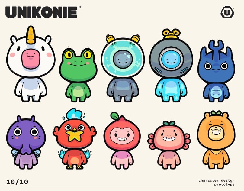 Bảng thiết kế mười nhân vật kawaii đầu to thân nhỏ: kỳ lân, ếch, phi hành gia, thợ lặn, bọ cánh cứng, bạch tuộc, chim, quả đào, kỳ giông, hải ly