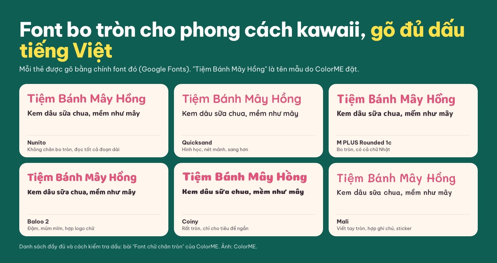Bảng mẫu font bo tròn có tiếng Việt: Nunito, Quicksand, M PLUS Rounded 1c, Baloo 2, Coiny, Mali
