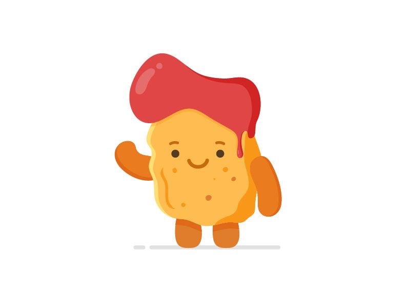 Minh hoạ phẳng miếng gà rán màu vàng có mắt và miệng cười, vẫy tay, trên đầu có sốt cà chua, nền trắng