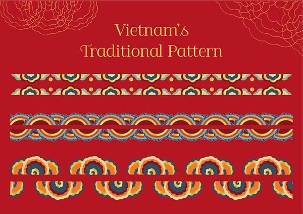 Ba dải hoạ tiết mây cuộn màu xanh, cam, vàng trên nền đỏ với tiêu đề Vietnam's Traditional Pattern
