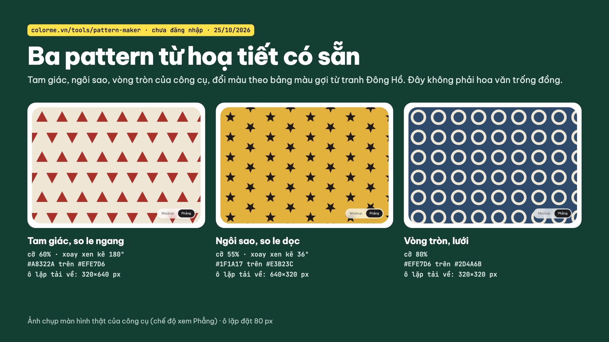 Ba ảnh chụp màn hình pattern tam giác đỏ trên nền kem, ngôi sao đen trên nền vàng, vòng tròn kem trên nền xanh, kèm thông số