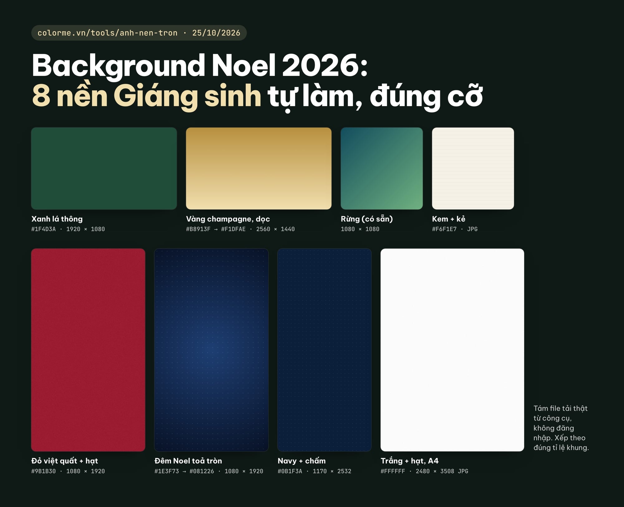 Background Noel 2026: 8 nền Giáng sinh xanh lá thông, đỏ, navy, vàng champagne đúng cỡ