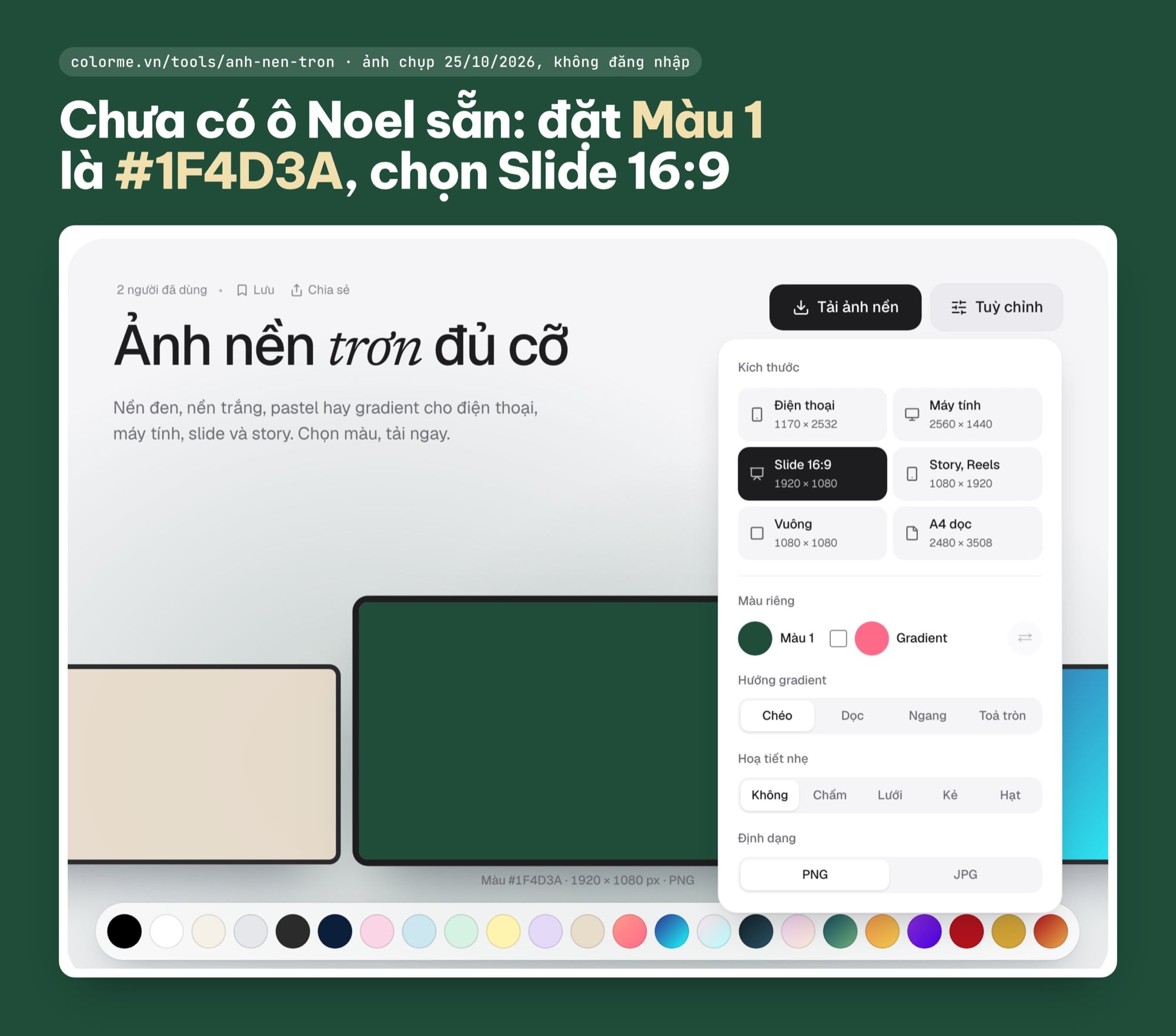 Làm background Noel xanh lá thông #1F4D3A cỡ slide 16:9 trên công cụ ảnh nền trơn ColorME
