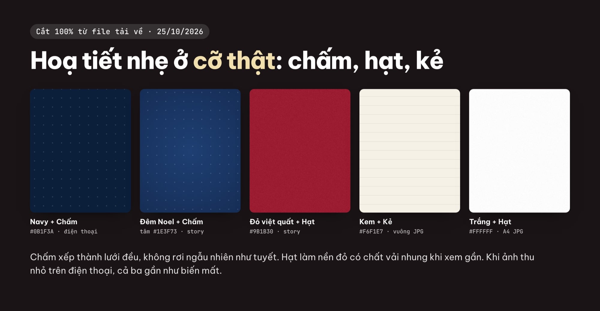 Hoạ tiết chấm, hạt, kẻ trên nền Giáng sinh navy, đỏ, kem, trắng ở cỡ thật