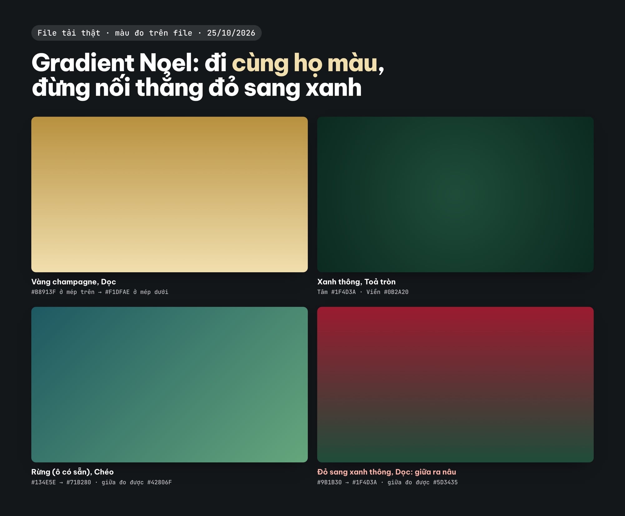 Gradient background Giáng sinh vàng champagne, xanh thông toả tròn, Rừng và đỏ sang xanh