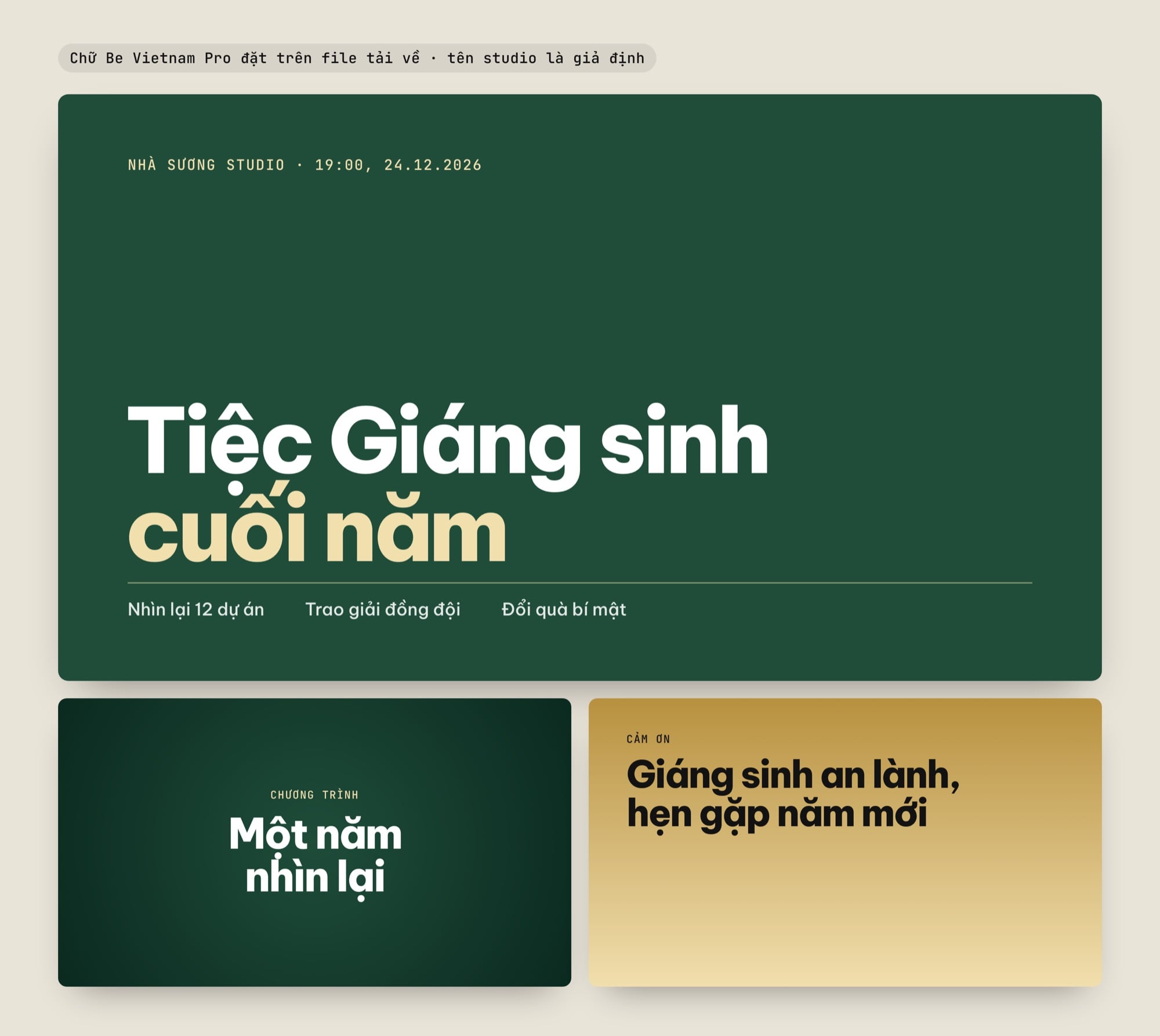 Background PowerPoint Giáng sinh 16:9 nền xanh lá thông và vàng champagne có chữ