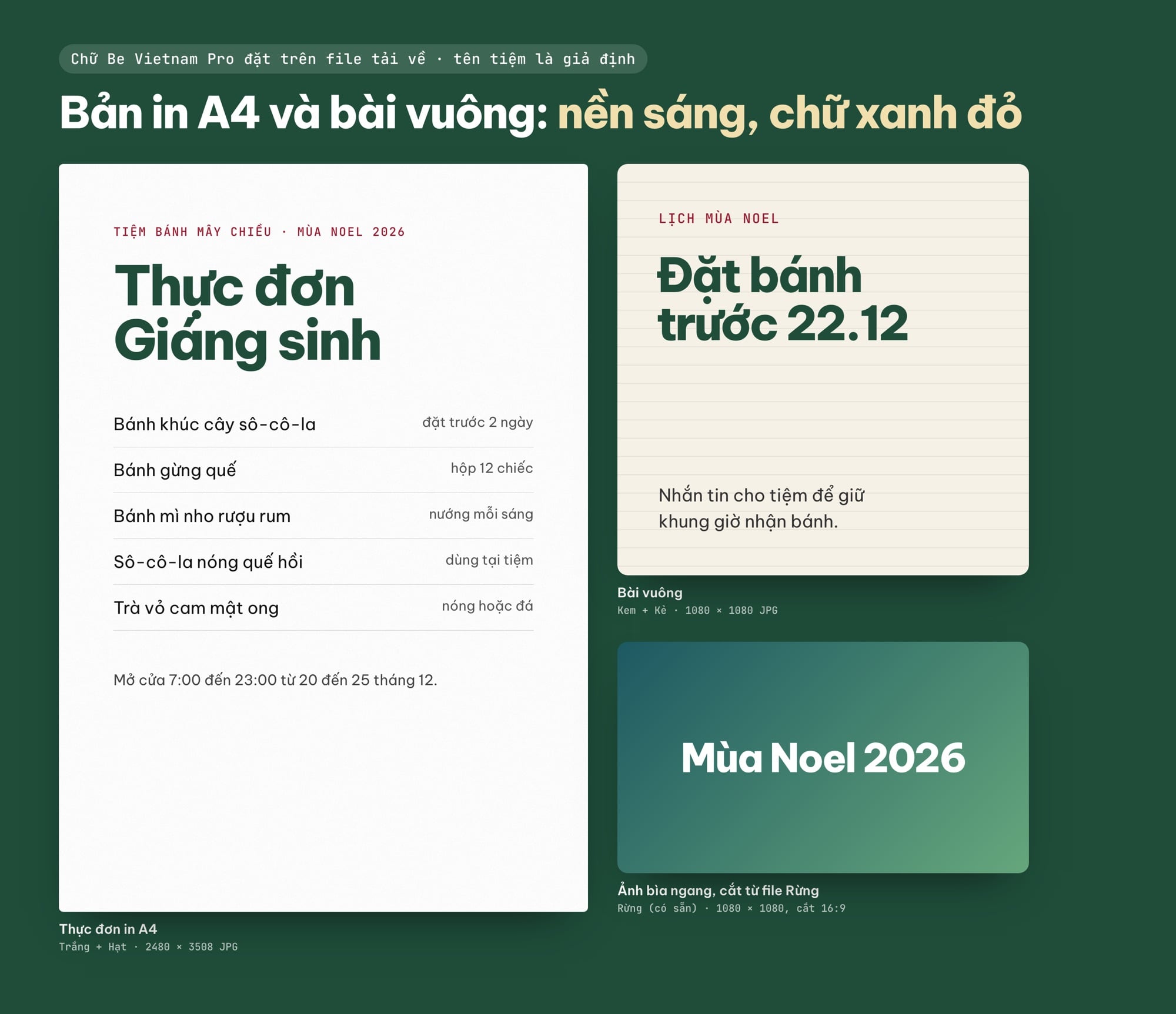 Thực đơn Giáng sinh in A4 và bài đăng vuông trên nền sáng tự làm