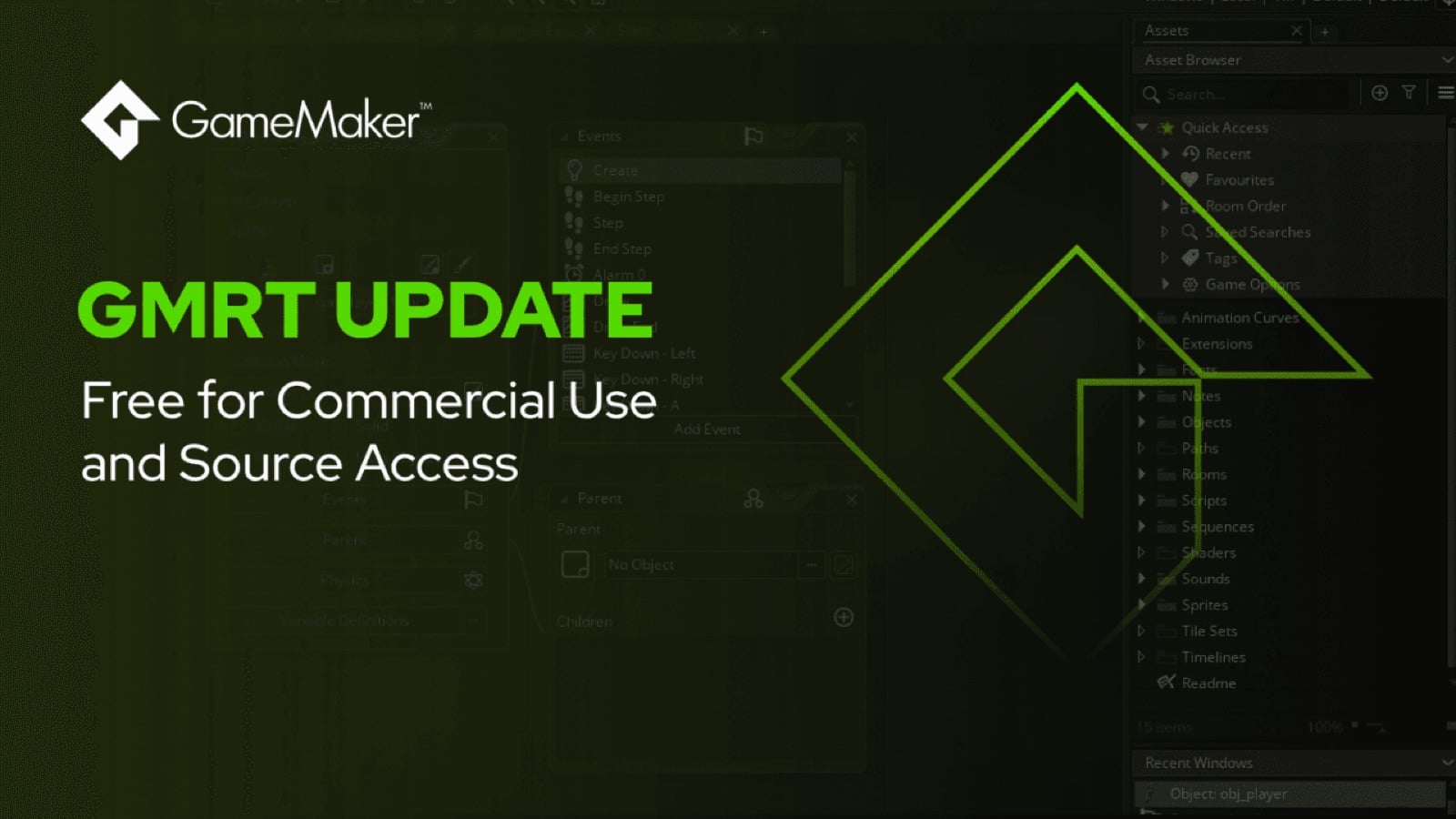Ảnh bìa bài blog của GameMaker nền xanh lá đậm, dòng chữ GMRT UPDATE và Free for Commercial Use and Source Access, bên phải là hình mũi tên lồng nhau màu xanh neon
