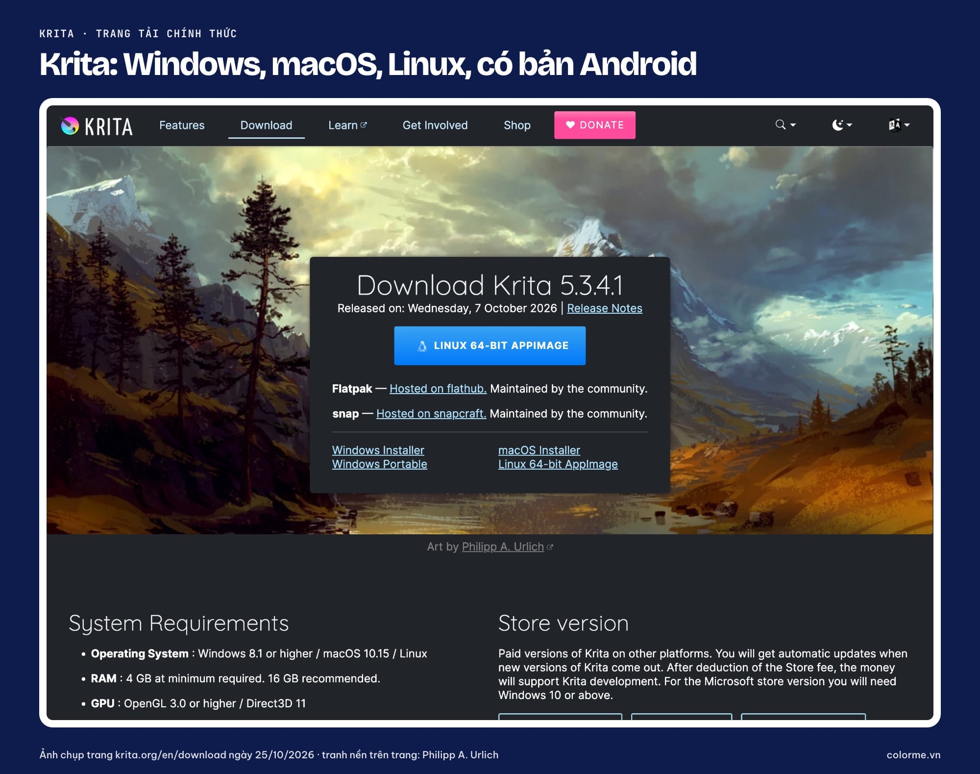 Ảnh chụp trang tải Krita chính thức với bản 5.3.4.1 cho Windows, macOS và Linux