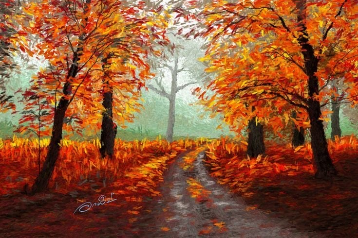 Tranh phong cảnh con đường mùa thu lá cam đỏ vẽ bằng Krita