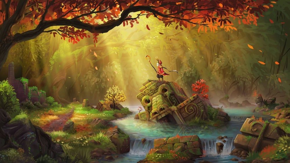 Tranh concept phong cảnh rừng thu với dòng suối và tượng đá đổ, vẽ bằng Clip Studio Paint