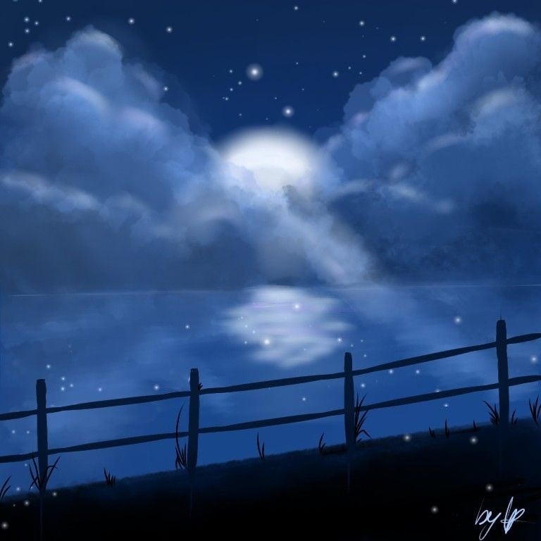 Tranh đêm trăng xanh với mây, mặt nước phản chiếu và hàng rào gỗ vẽ trên ibisPaint