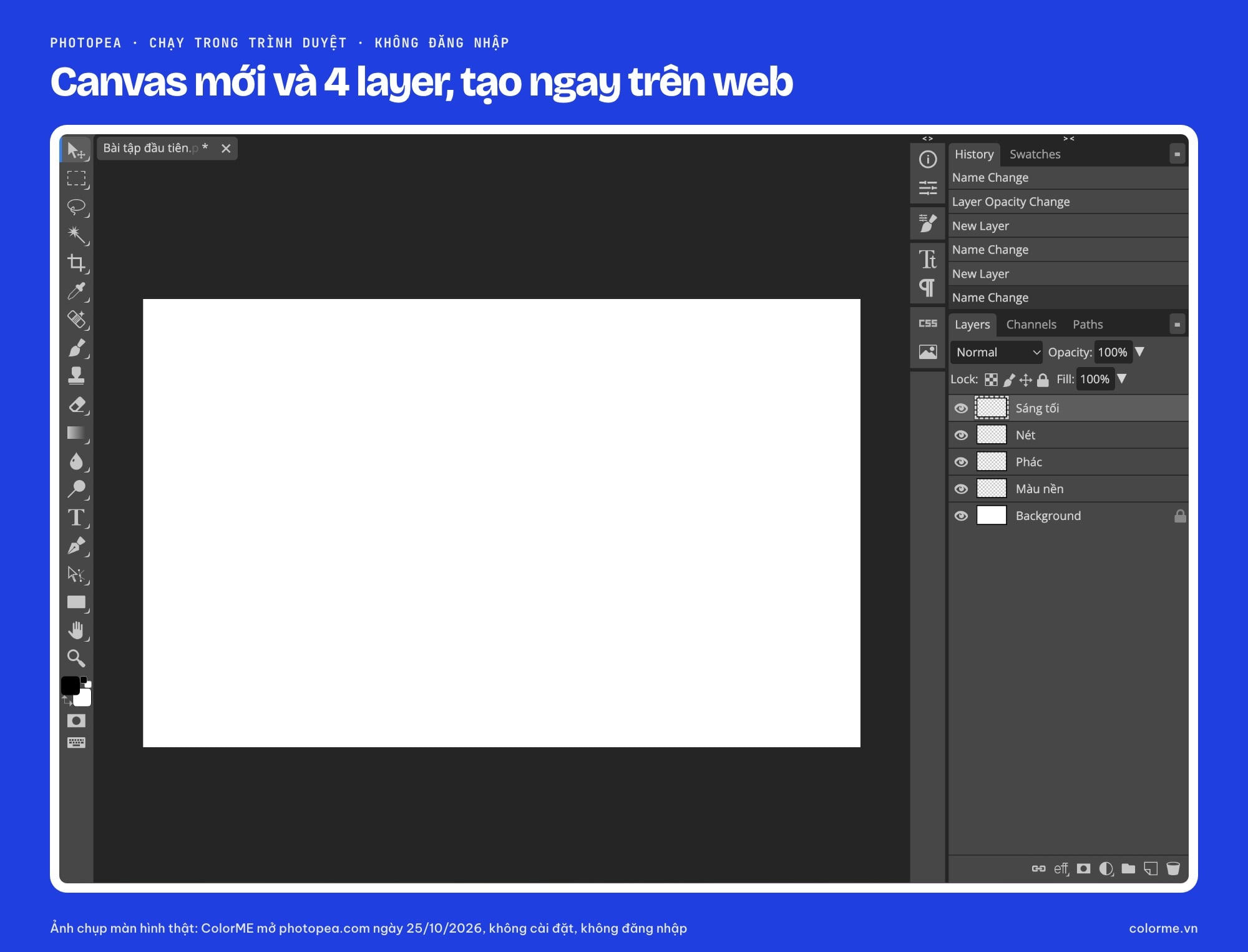 Ảnh chụp Photopea trên trình duyệt với canvas trắng và bảng Layers gồm Màu nền, Phác, Nét, Sáng tối
