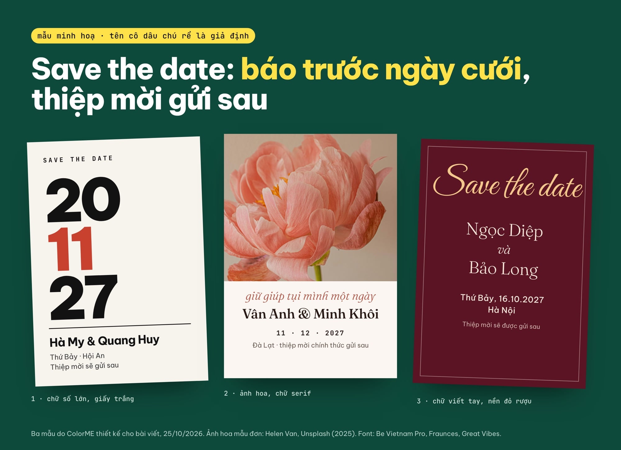 Ba mẫu thiệp save the date: kiểu chữ số lớn, kiểu ảnh hoa và kiểu chữ viết tay