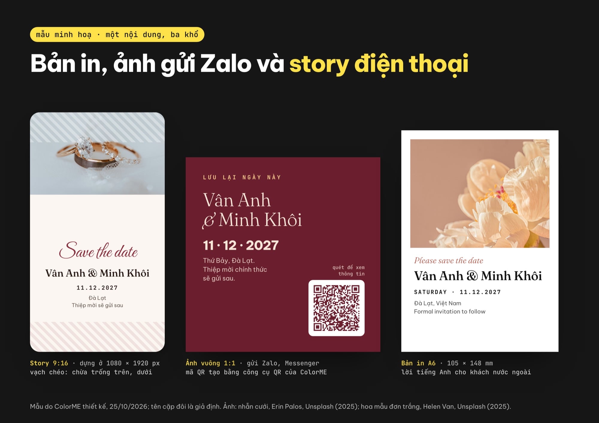 Save the date dạng story điện thoại, ảnh vuông gửi Zalo có mã QR và bản in A6 tiếng Anh