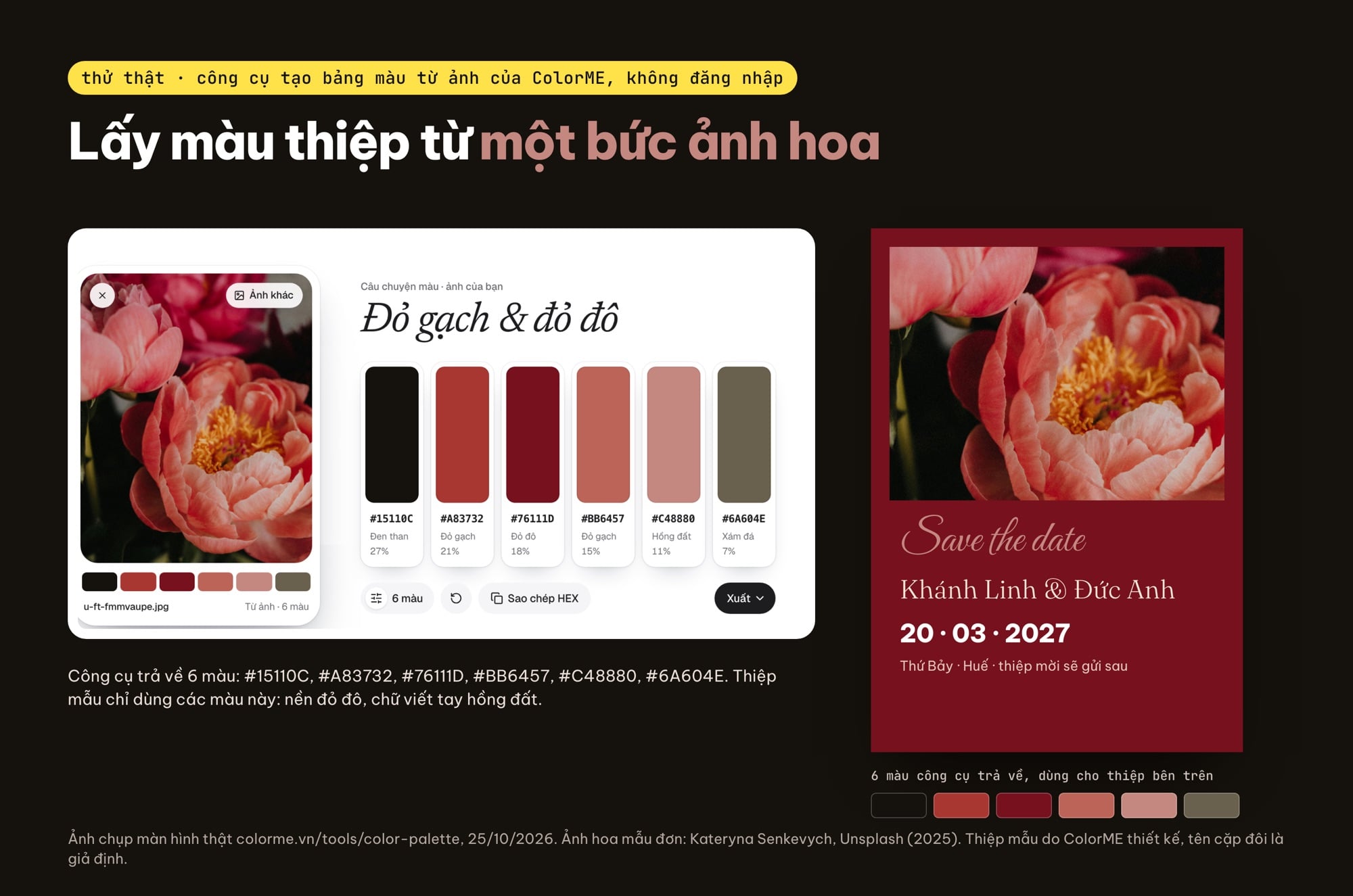 Công cụ tạo bảng màu từ ảnh hoa và thiệp save the date dùng đúng bảng màu đó