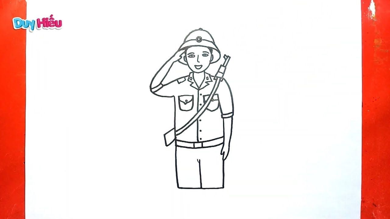 Bản vẽ nét đen chú bộ đội đứng nghiêm, tay phải giơ lên vành mũ cối để chào, dây đeo chéo ngực và thắt lưng