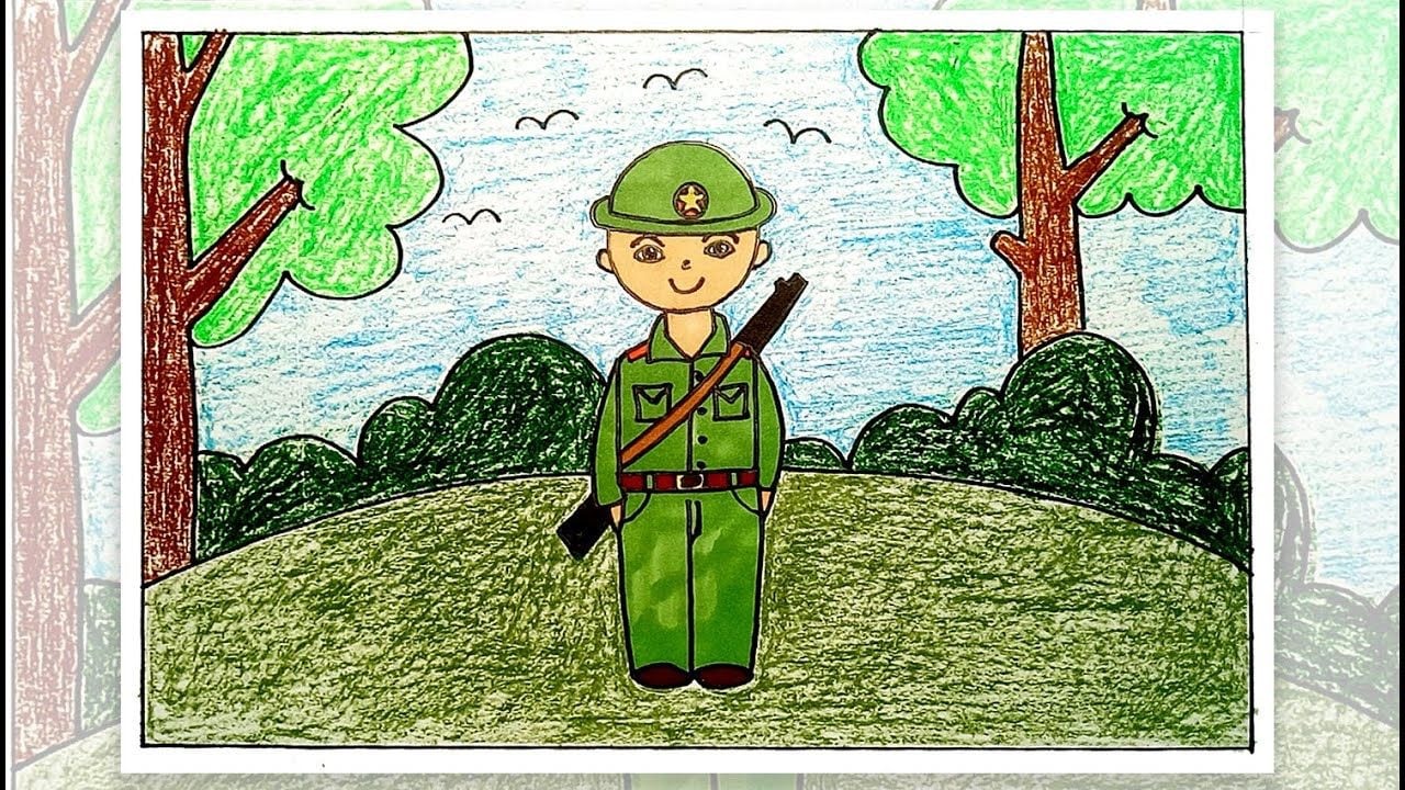 Tranh tô màu sáp chú bộ đội quân phục xanh lá đứng gác trên đồi cỏ, hai cây lớn hai bên, bụi cây xanh đậm và trời xanh có chim