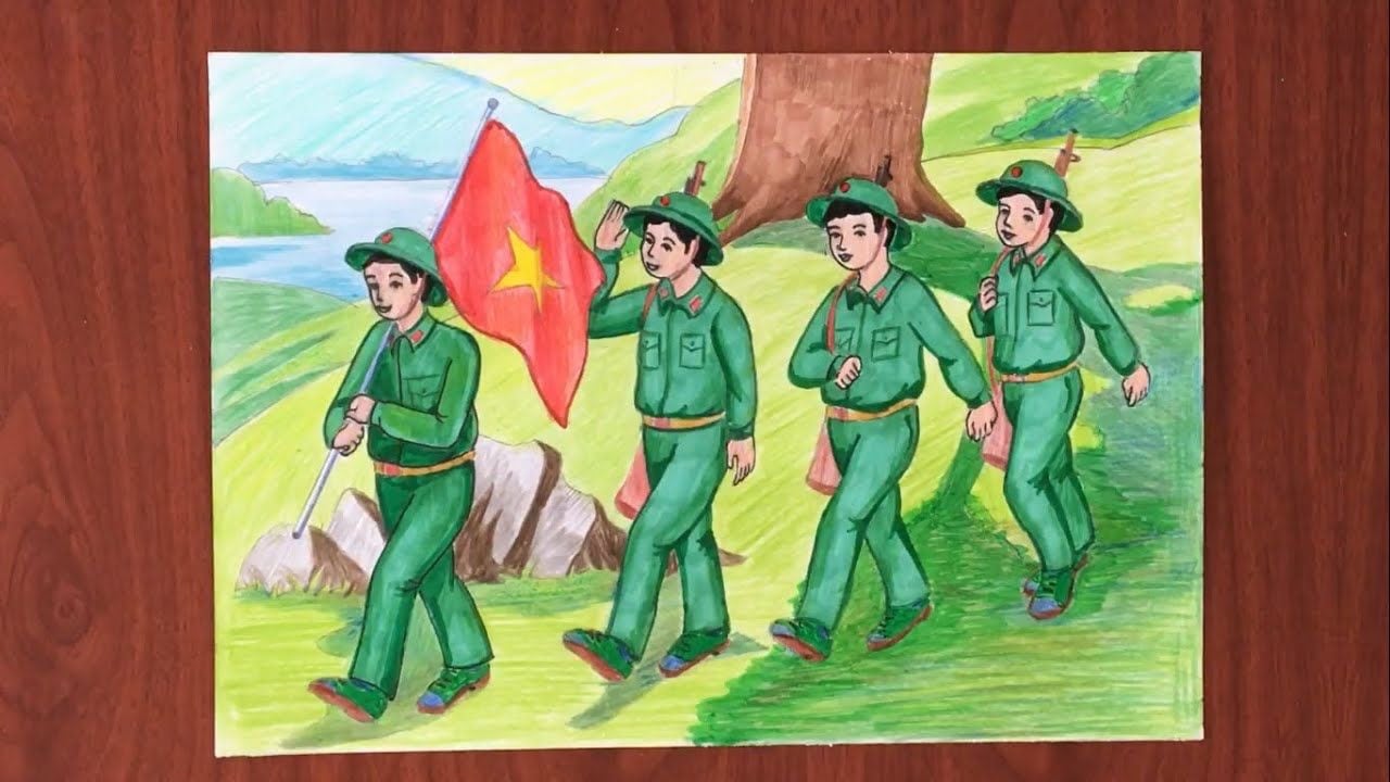 Tranh bút màu bốn chú bộ đội quân phục xanh đội mũ cối có cành lá ngụy trang, đi thành hàng trên sườn đồi, người đầu cầm cờ đỏ sao vàng