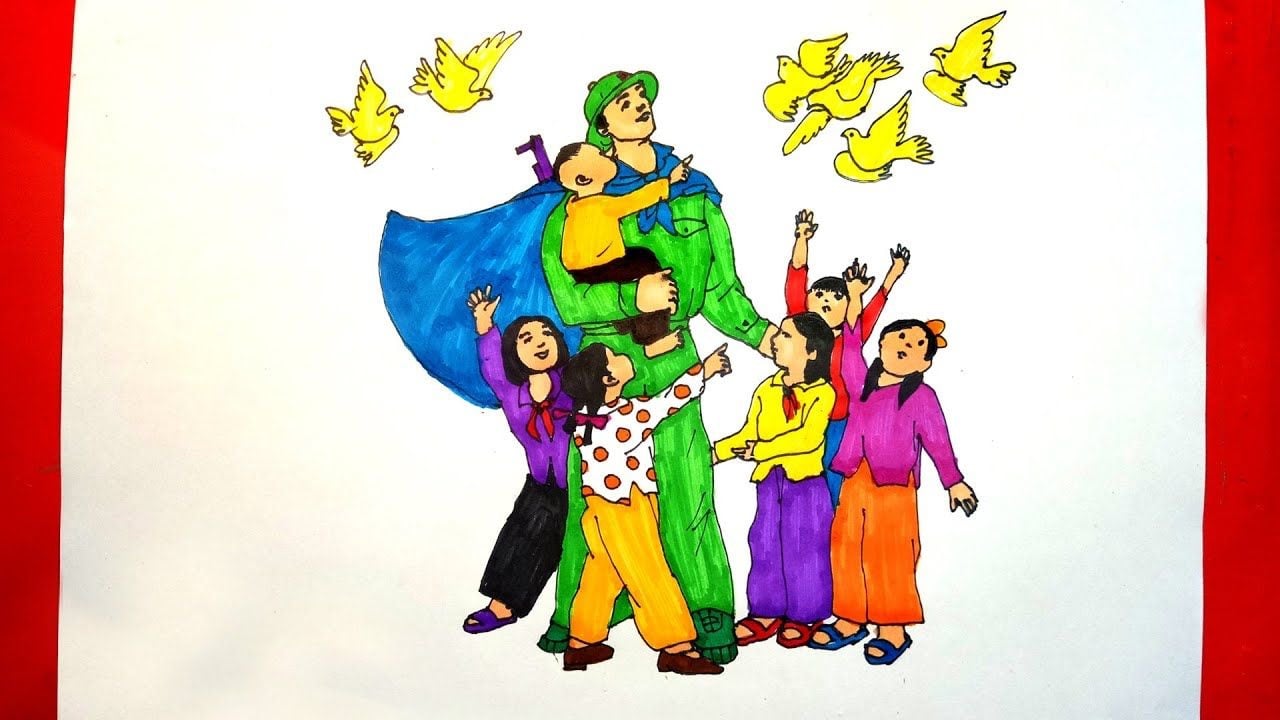 Tranh bút dạ màu chú bộ đội áo xanh lá bế một em bé, xung quanh là các em nhỏ mặc áo tím, vàng, chấm bi giơ tay, bồ câu vàng bay trên đầu