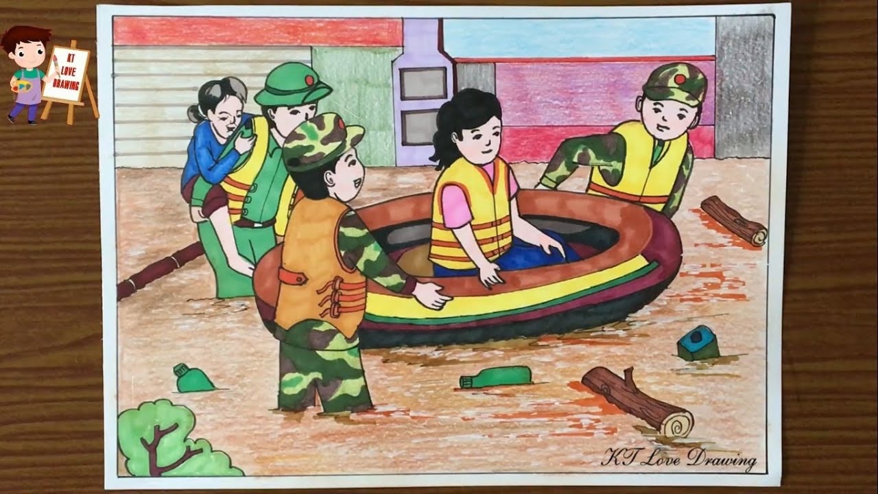 Tranh bút màu các chú bộ đội mặc áo rằn ri và áo phao cam đẩy thuyền phao tròn chở một phụ nữ qua nước lũ, một chú dìu một bà cụ