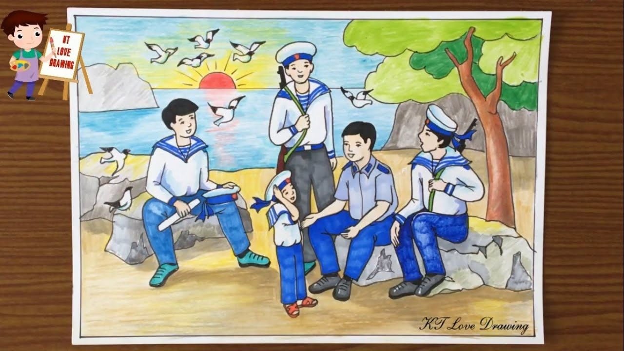 Tranh bút màu bốn chiến sĩ hải quân áo trắng quần xanh ngồi và đứng trên đá ven biển, một em nhỏ đội mũ hải quân, mặt trời đỏ và hải âu