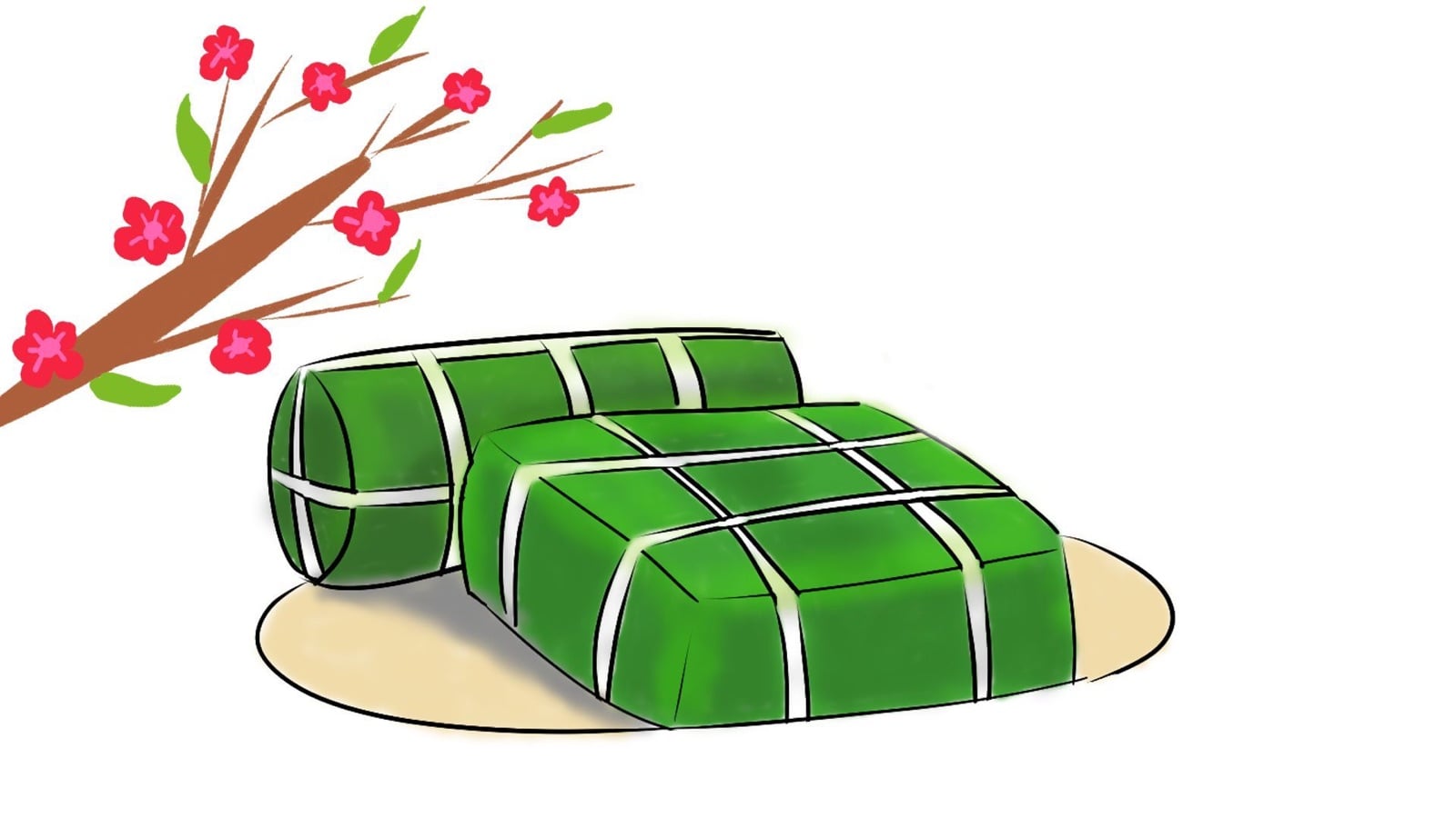Tranh vẽ một chiếc bánh chưng vuông và một bánh tét buộc lạt trắng nằm trên tấm lá, cành đào hoa hồng chéo từ góc trên bên trái
