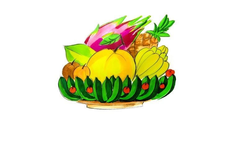 Tranh marker mâm ngũ quả gồm thanh long, bưởi vàng, dứa, nải chuối, quýt và vòng chuối xanh trên đĩa nâu nhạt