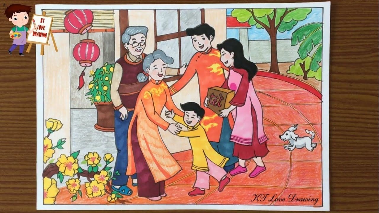 Tranh bút chì màu bố mẹ mặc áo dài cầm hộp quà chữ Tết đến chúc Tết ông bà, em nhỏ áo vàng ôm bà, đèn lồng đỏ, hoa mai và chú chó trắng